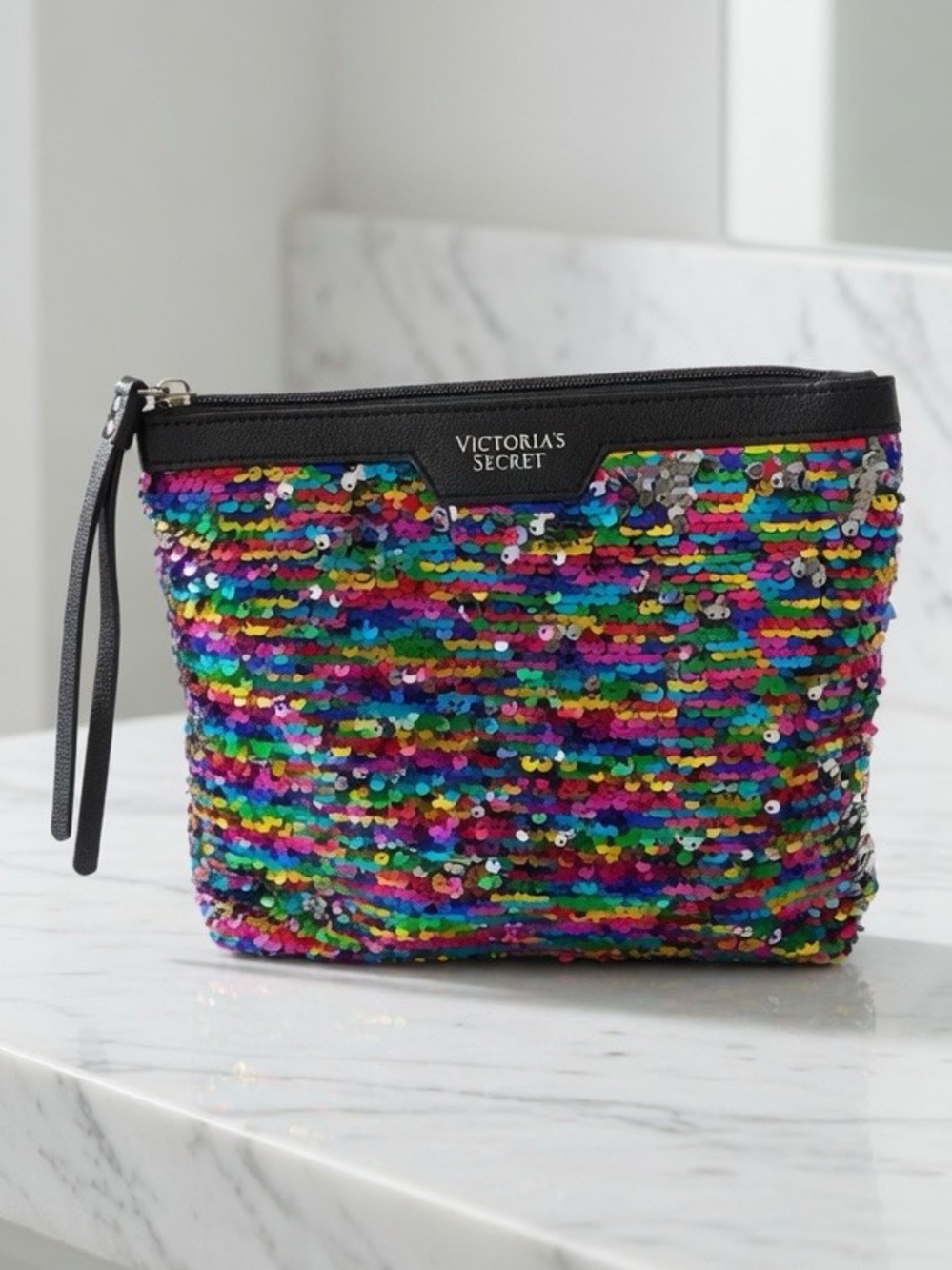 Victoria's Secret Rainbow Silver Sequin Cosmetic Beauty Clutch with Black Trim